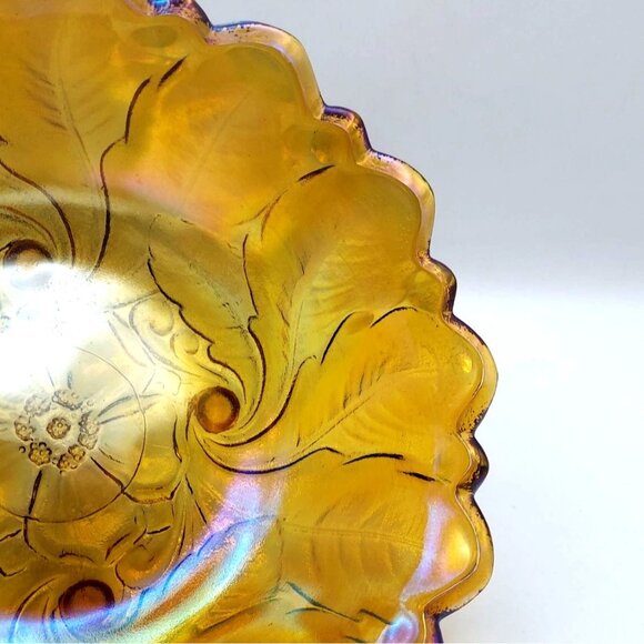Vintage Indiana Carnival Glass Amber Wild Rose Footed Bowl 1970s Iridescent - Picture 6 of 6